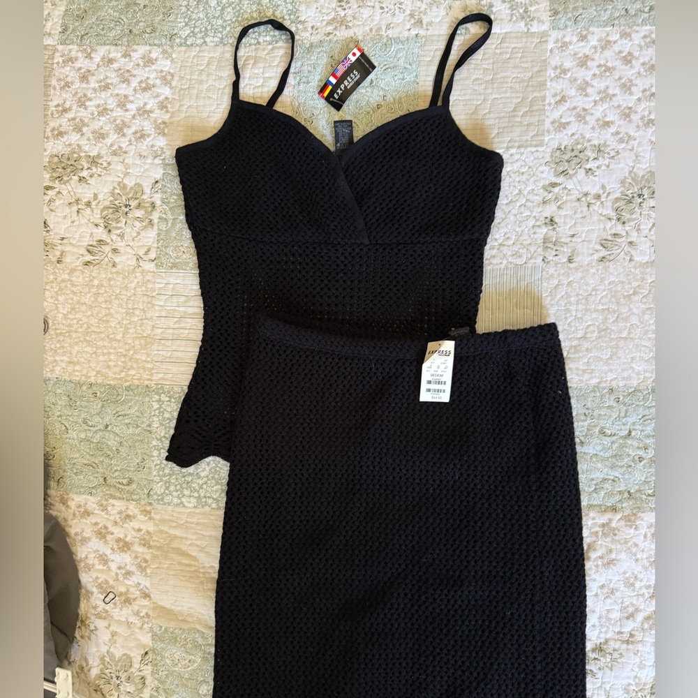 Deadstock Vintage Express Two Piece Crochet Knitted Set Black Beach Cover Up